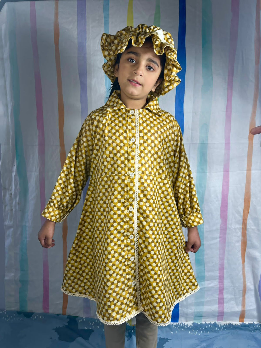 Autumn Yellow and Brown Polka dots hat white bow cotton