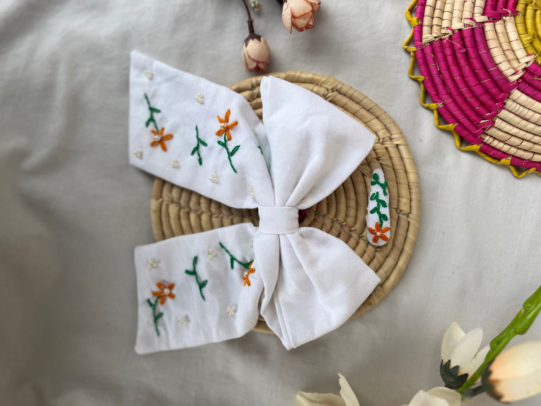 White Embroidered Bow