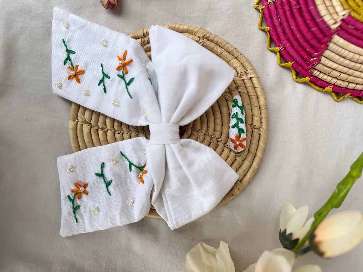 White Embroidered Bow