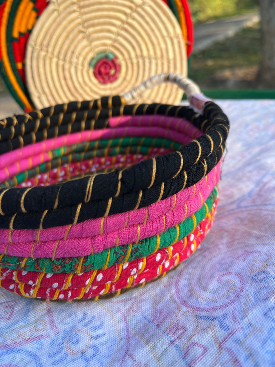 Black, White and Pink Multicolored Braided Basket