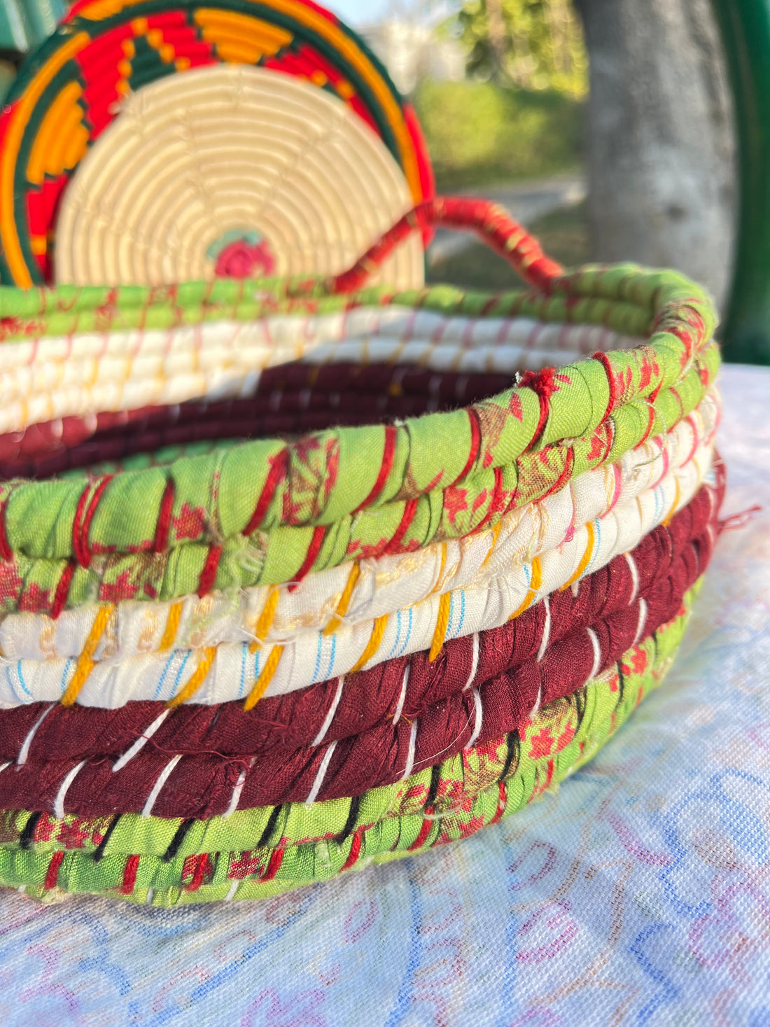 Green Multicolored Braided Basket