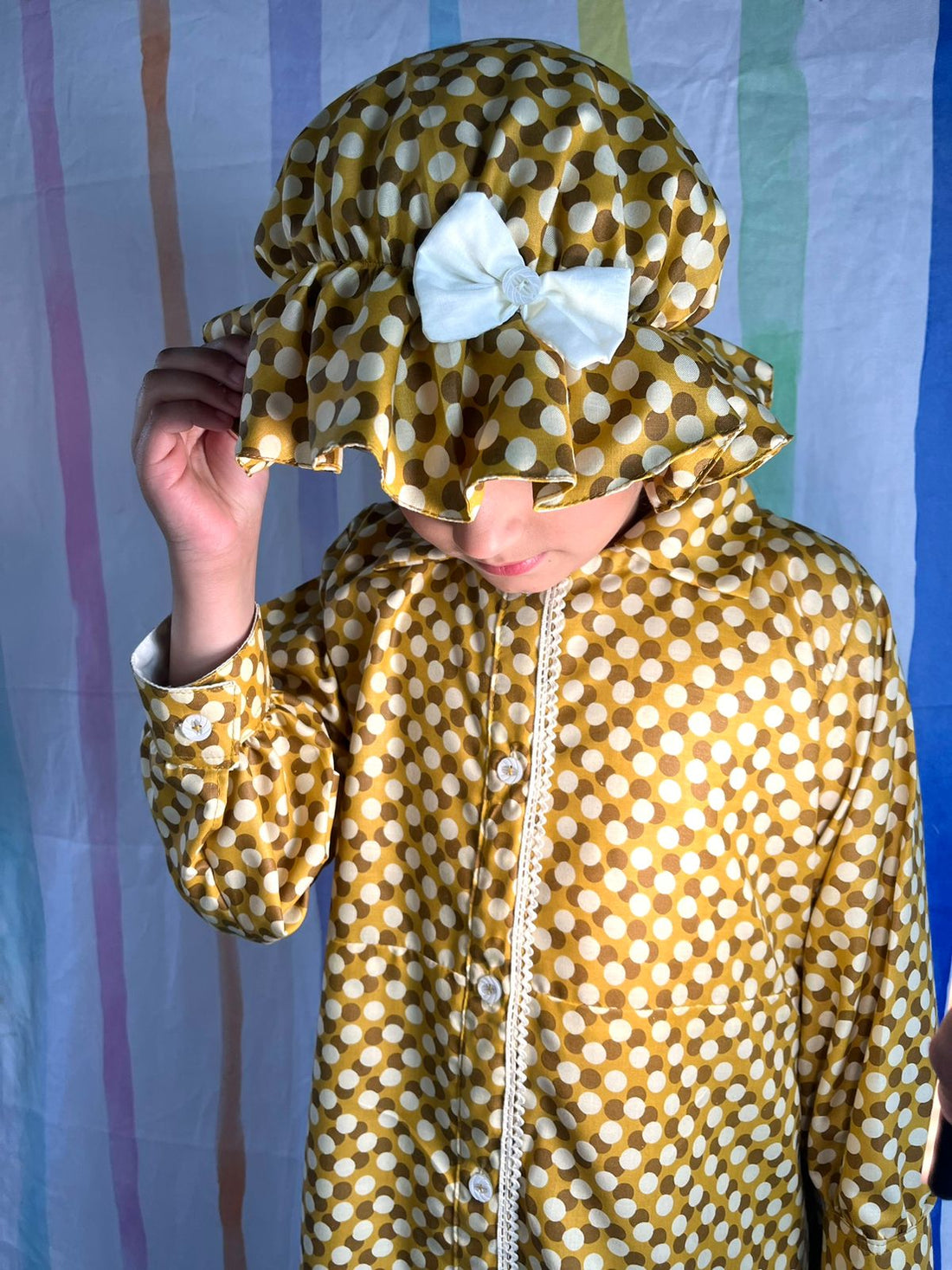 Autumn Yellow and Brown Polka dots hat white bow cotton