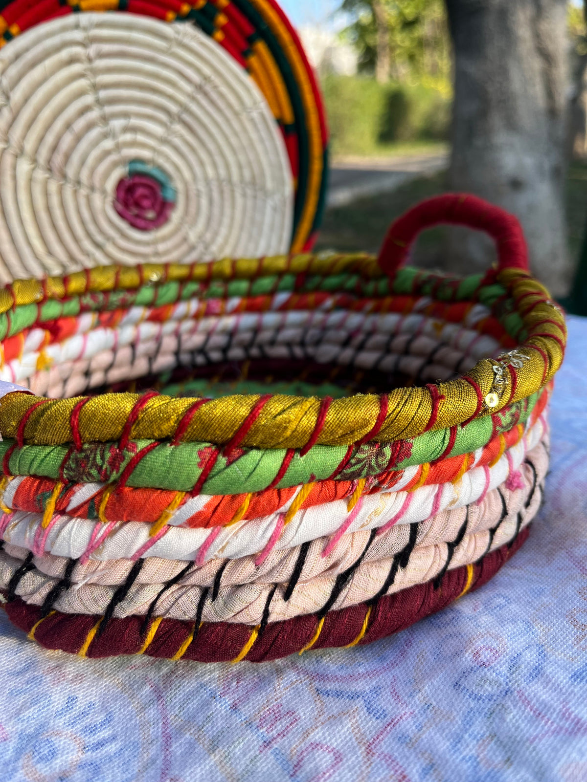 Plum and Green Multicolored Braided Basket