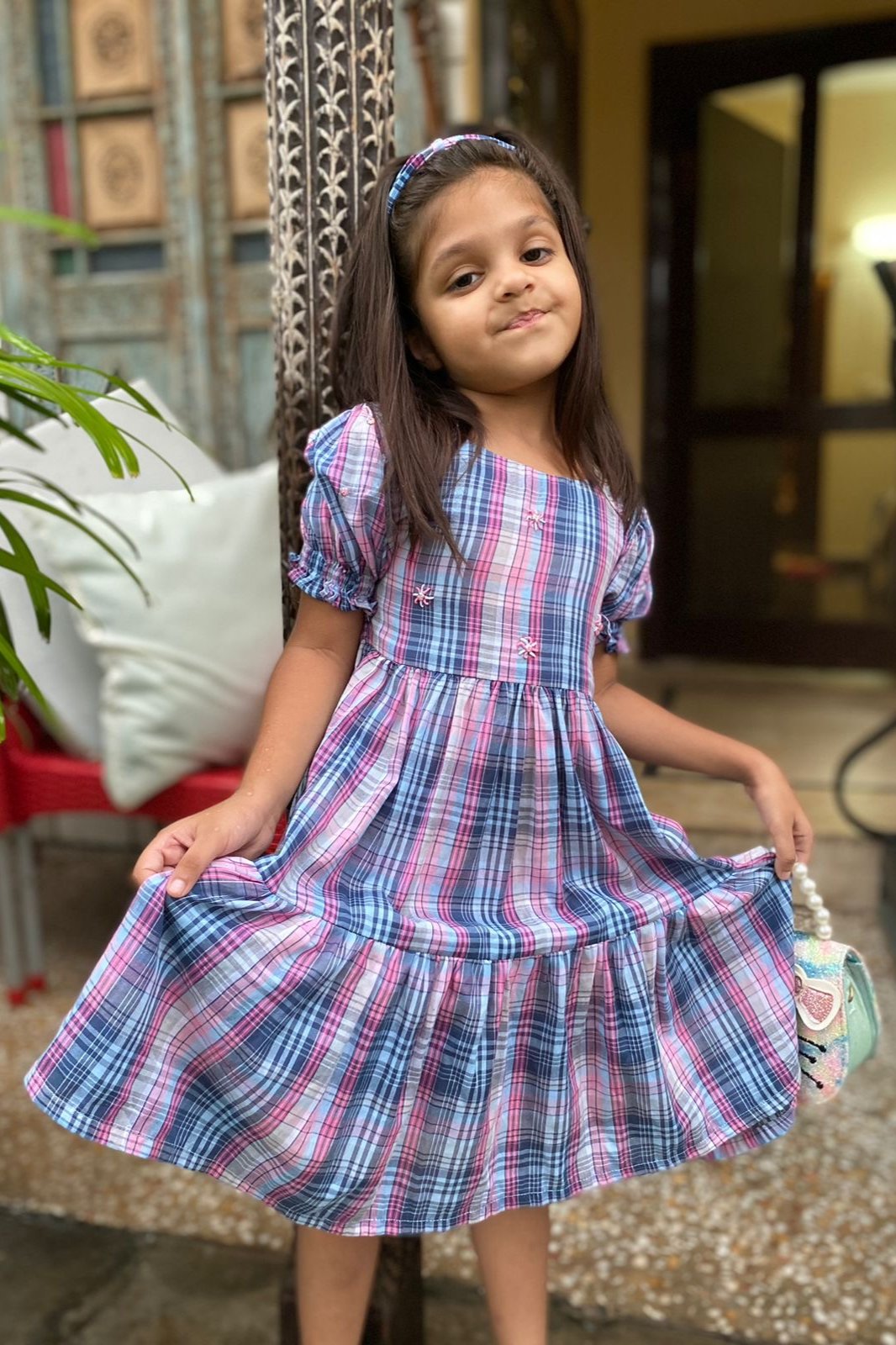 Floral check flared frock