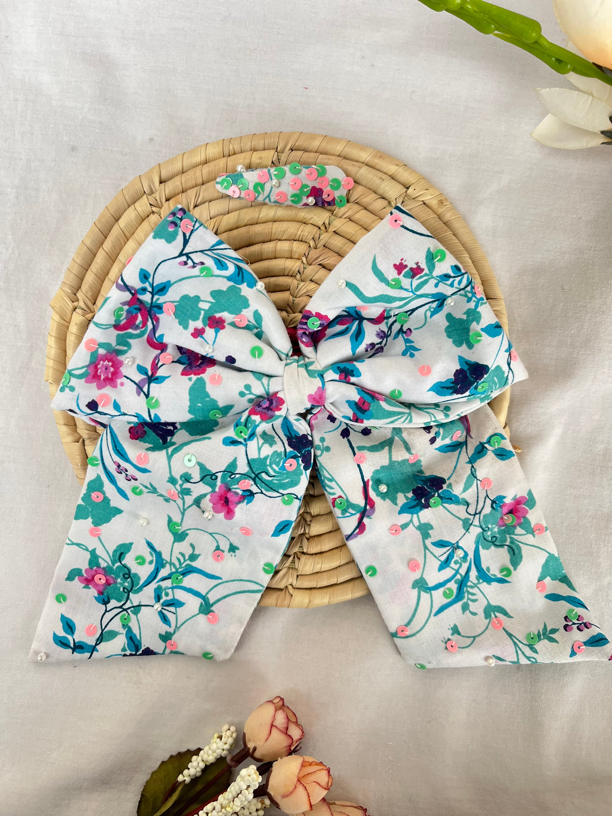 Teal Sequins Bow