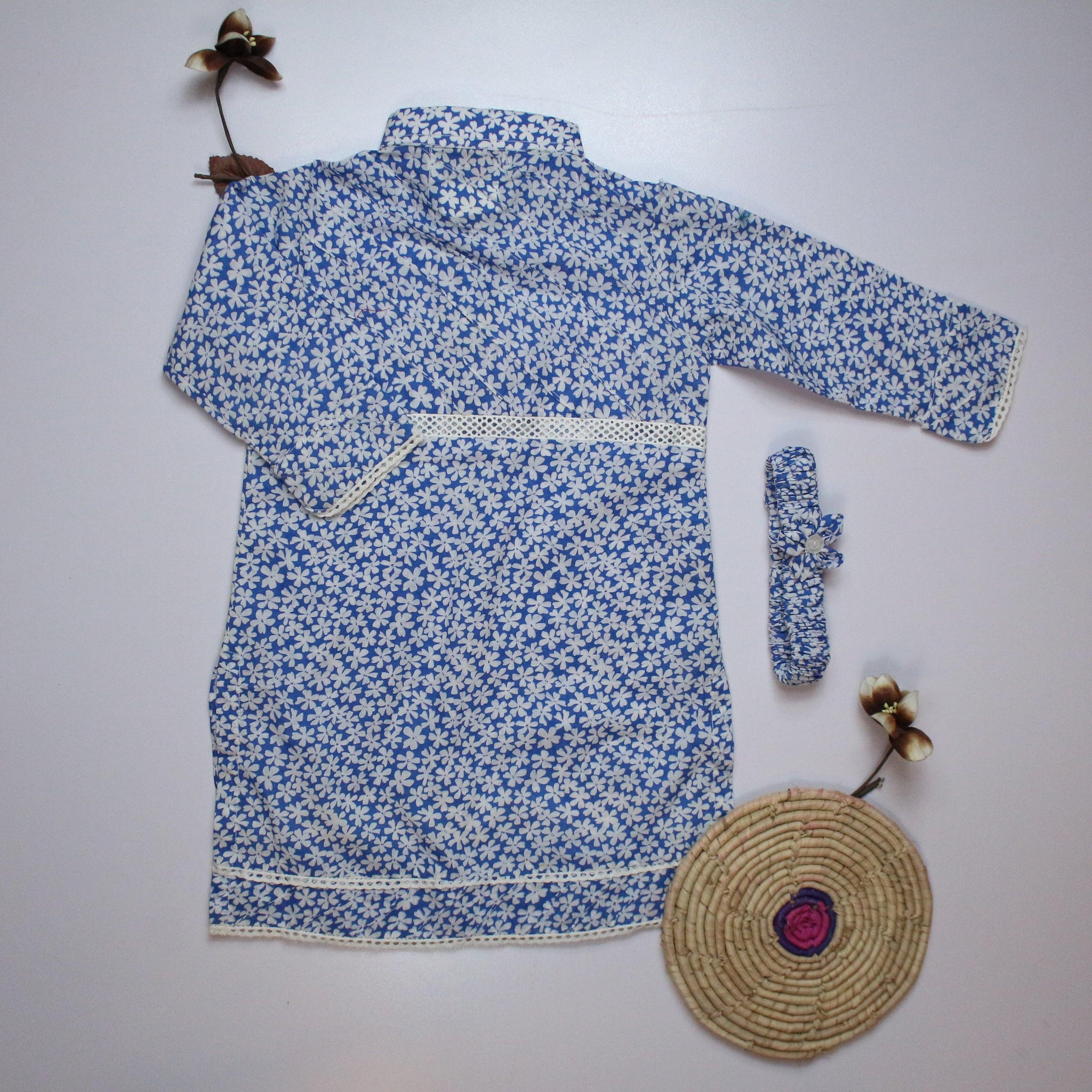 Azure blue and white kurta cotton