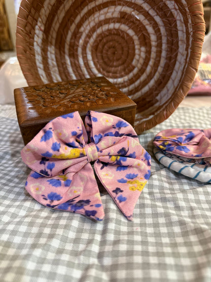 Pink Floral Pattern Bow Hair Clip Set - 2 Pcs