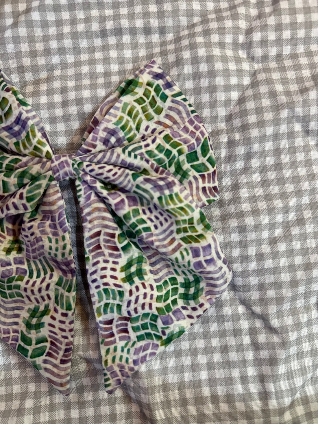 Grey Green Checkered Bow Hair Clip
