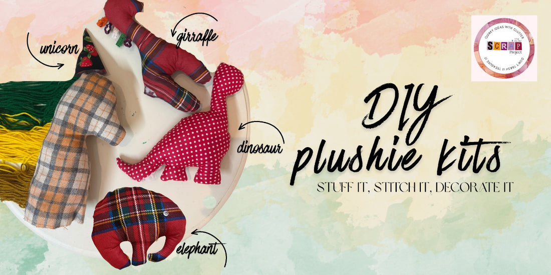 Promotional graphic for a DIY plushie kit showing four stuffed animal shapes: a unicorn, giraffe, dinosaur, and elephant, each in different plaid and solid fabric options. The text reads 'DIY plushie kits' with smaller tagline 'STUFF IT, STITCH IT, DECORATE IT.