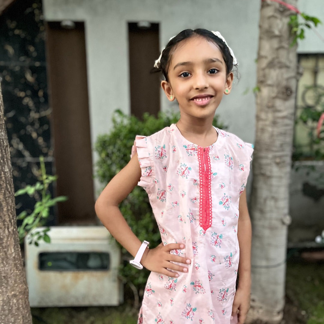 Baby Pink Cotton Kurta Trouser Set | Ready to Wear Girls Outfit